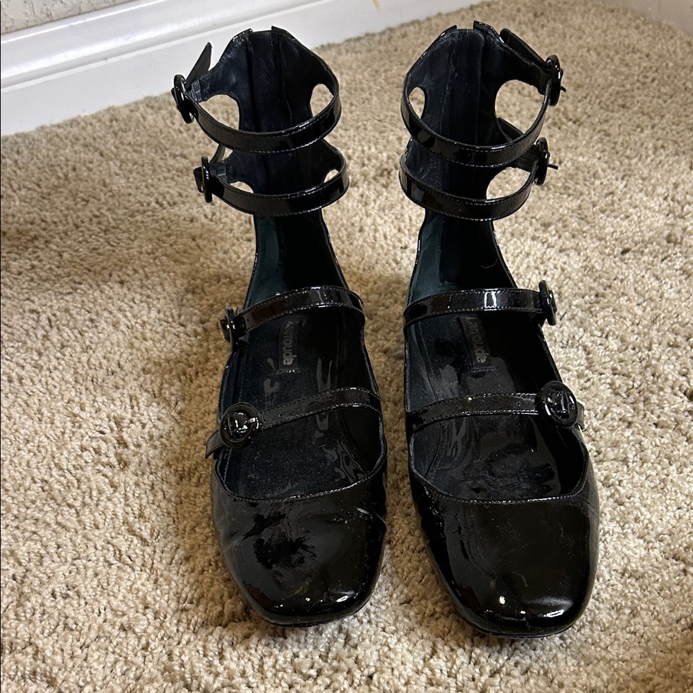 Larroude Black Patent Leather Flats with Straps